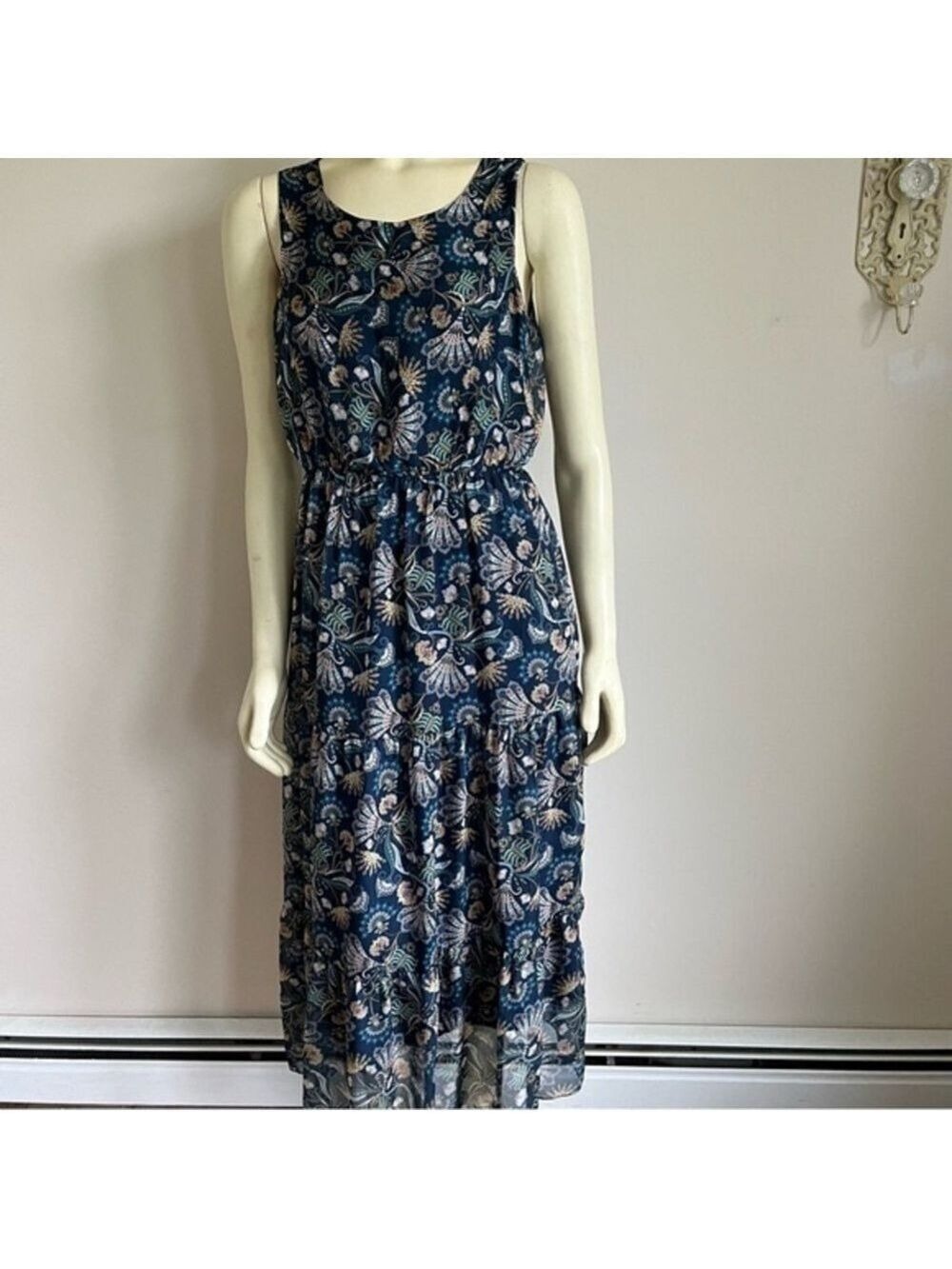 LARA Guidotti Women’s Tiered Floral Paisley Silk Sleeveless Maxi Dress Navy S
